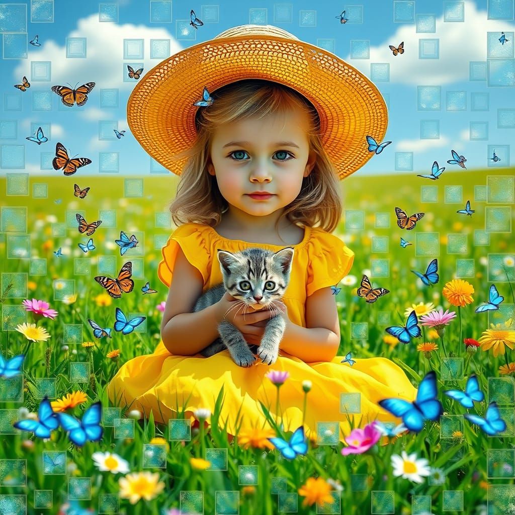 Girl and Kitten in Vibrant Wildflower Meadow