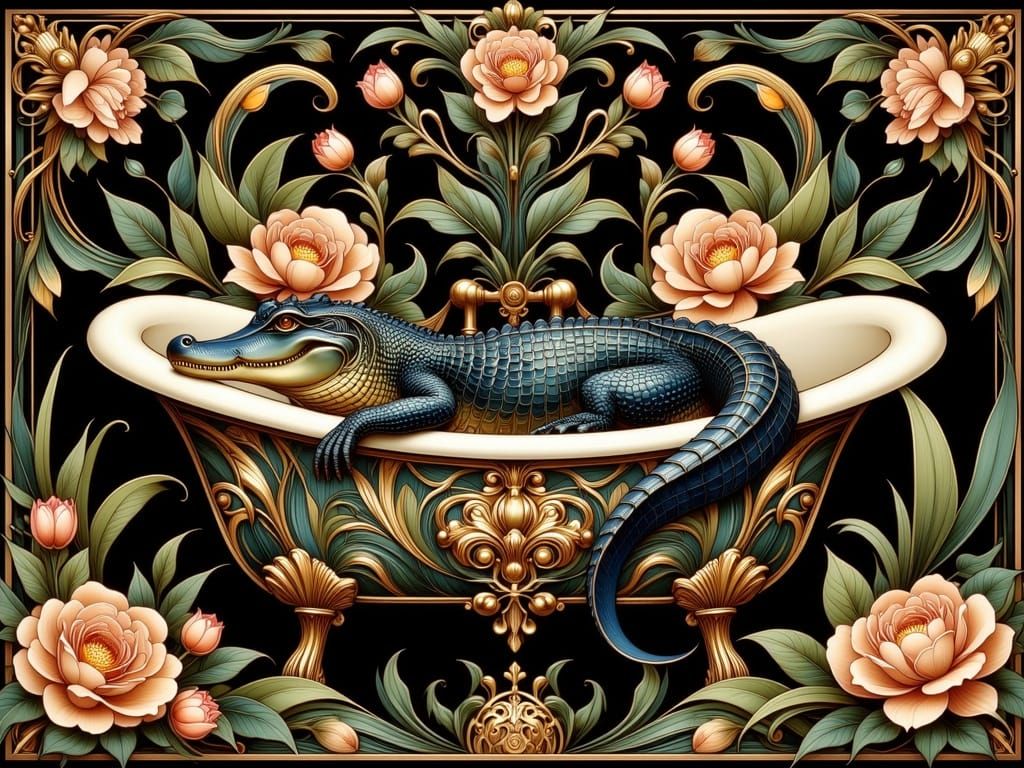 Luxurious Art Nouveau-Inspired Scene with Charming Alligator