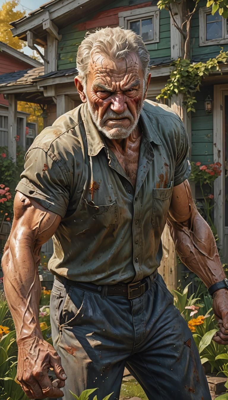 Angry Muscular Old Man in Garden: Hyperrealistic Splash Art