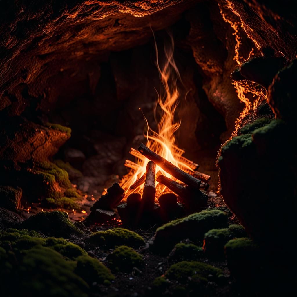 Campfire in Mossy Cave: 3D Rendered Cinematic Still