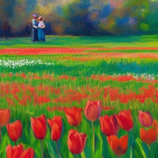 Woman and Child in Tulip Field: Impressionistic Digital Art