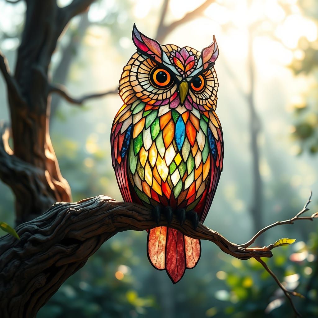 Stained Glass Owl on Ancient Branch in Watercolor Style