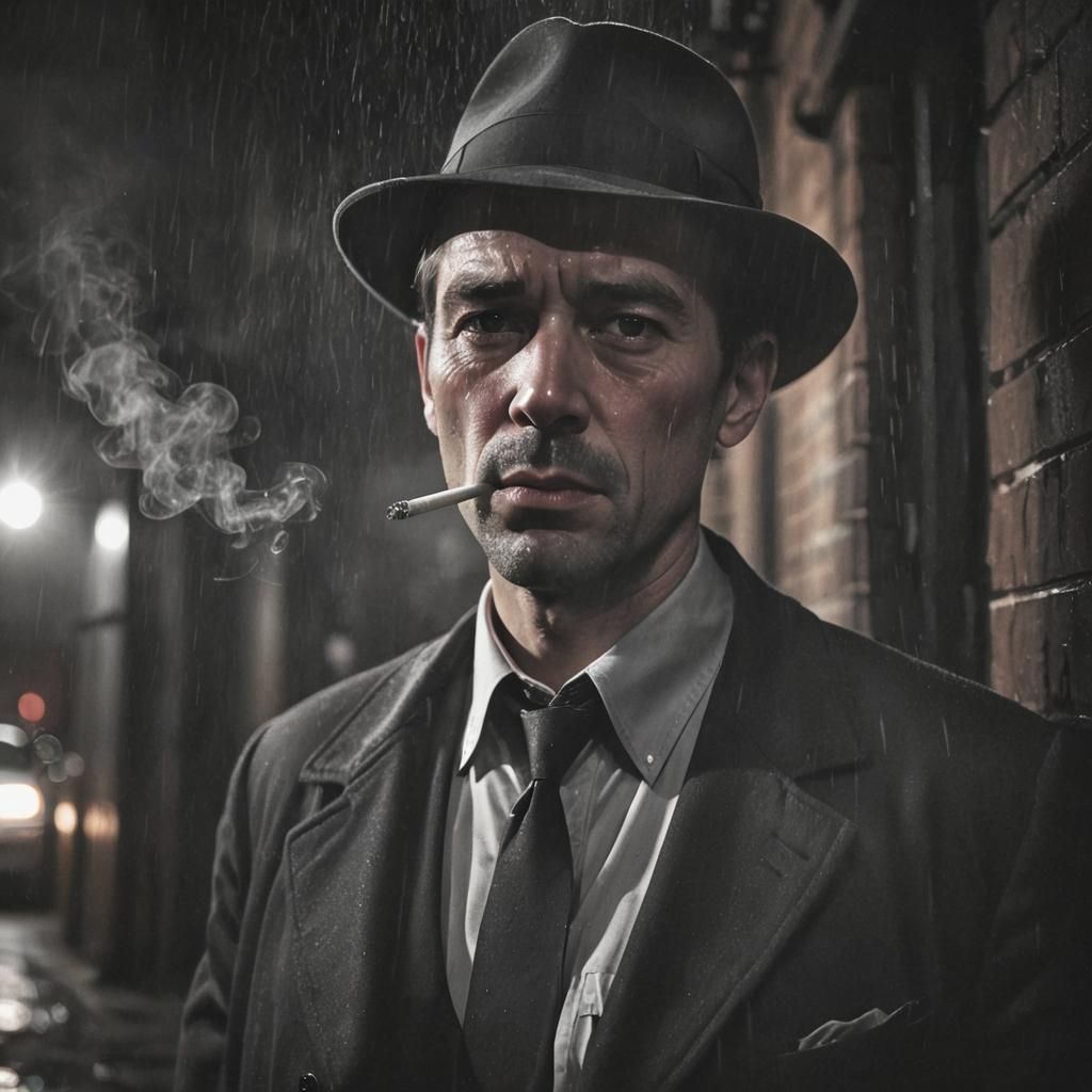 Film Noir Detective in Rain-Soaked Alleyway