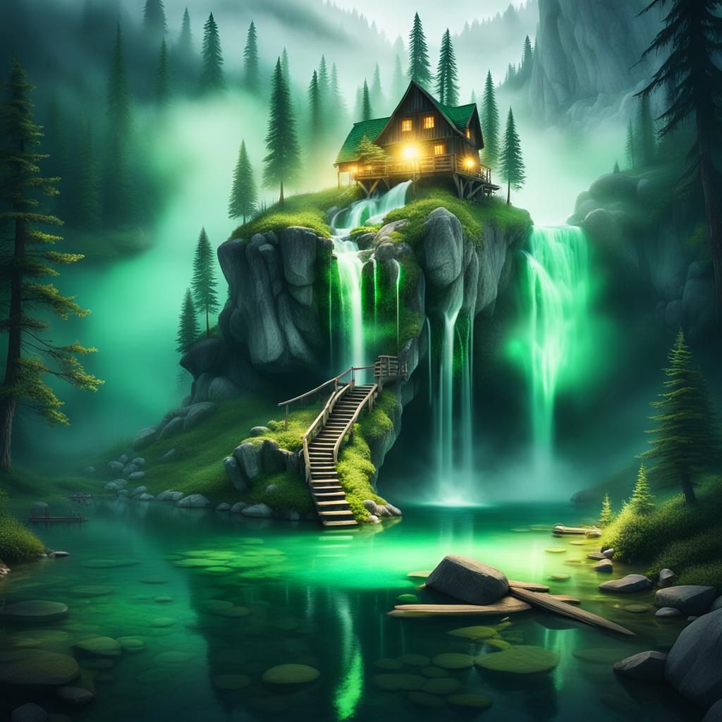 Emerald Waterfall in Misty Glowing Lake