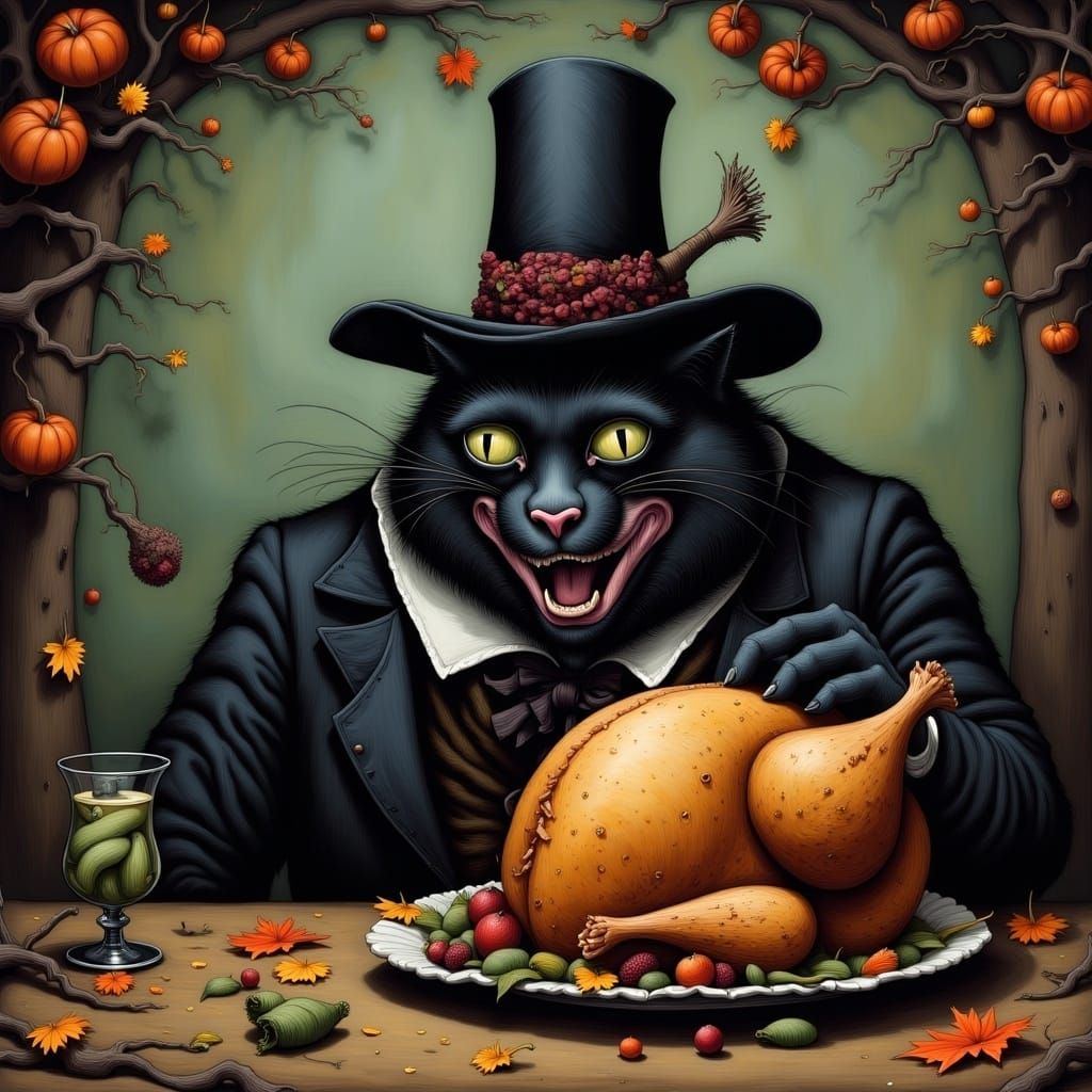 Thanksgiving Cat in Dark Whimsical Style