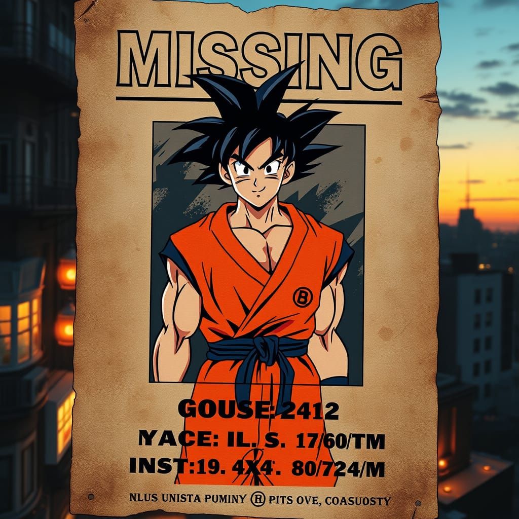 Goku on a Distressed Missing Persons Poster in Urban Citysca...