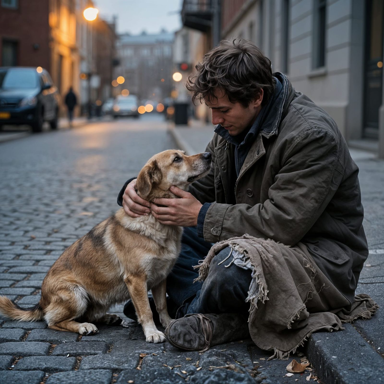 Homeless Man and Dog Share Tender Moment at Dusk