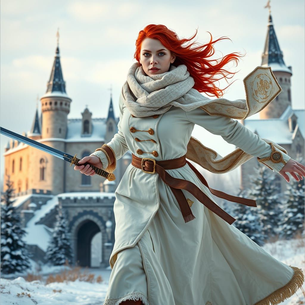 Redhead Queen Running with Sword in Fantasy Art Style