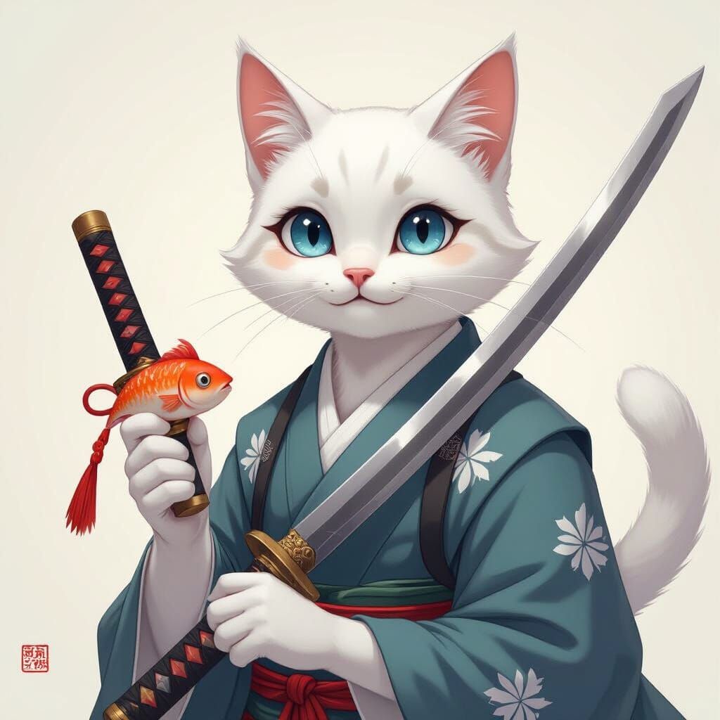Anime Cat Warrior Wields Giant Sword with Fish Treat