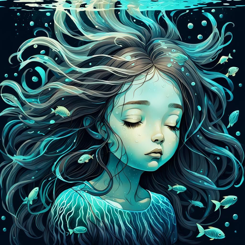 Underwater Girl with Sea Animal Imprints