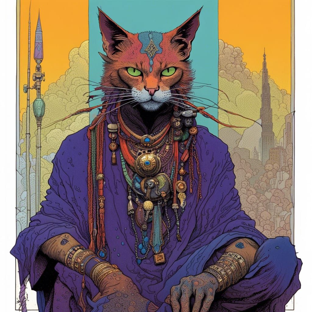 Punk Cat Shaman Portrait in Ligne Claire Style