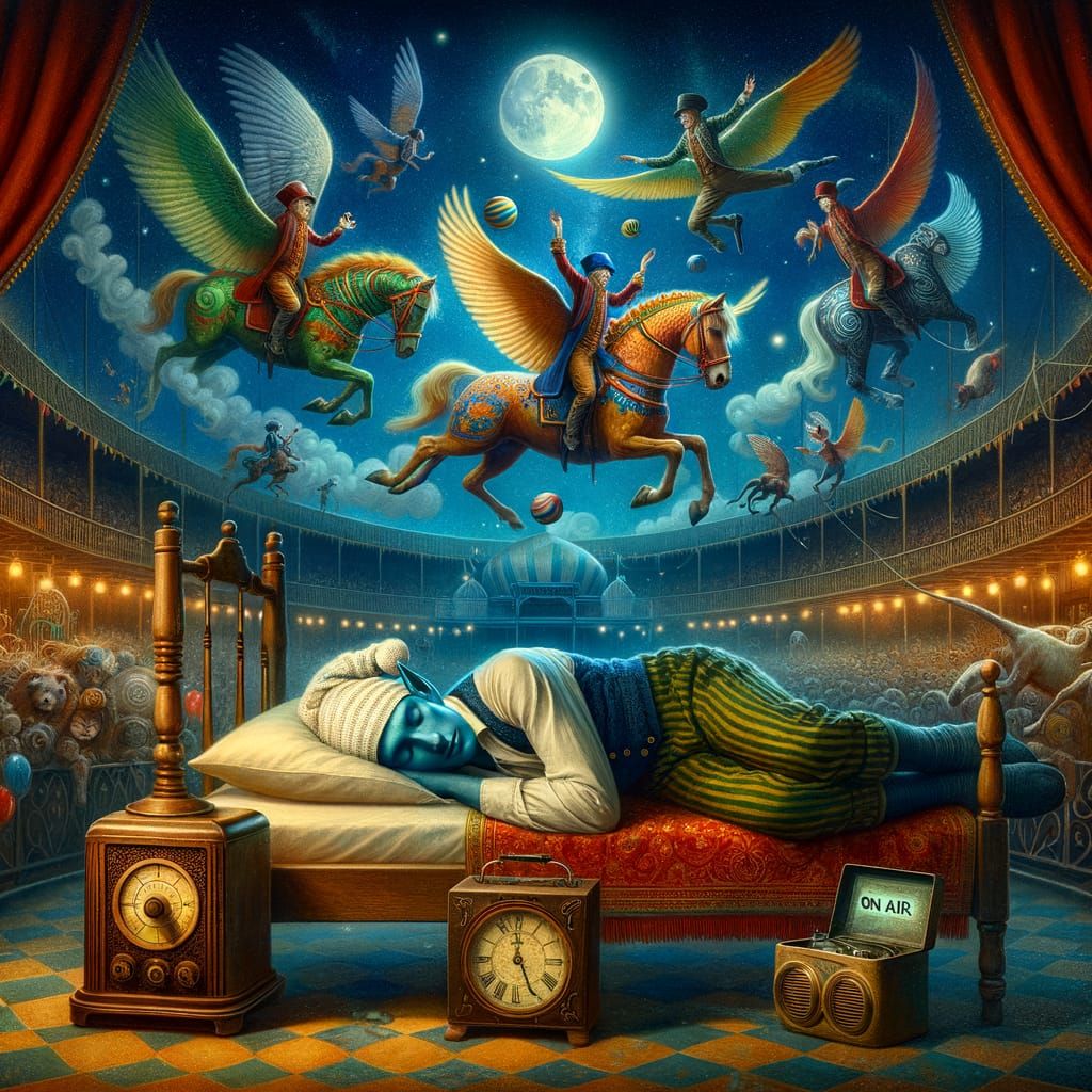 Dreamy Circus Fantasy with Blue Elf and Winged Horses