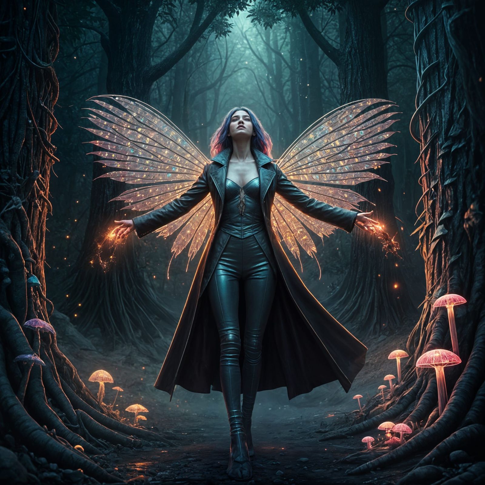 Cyberpunk Fairy with Holographic Wings in Enchanted Forest
