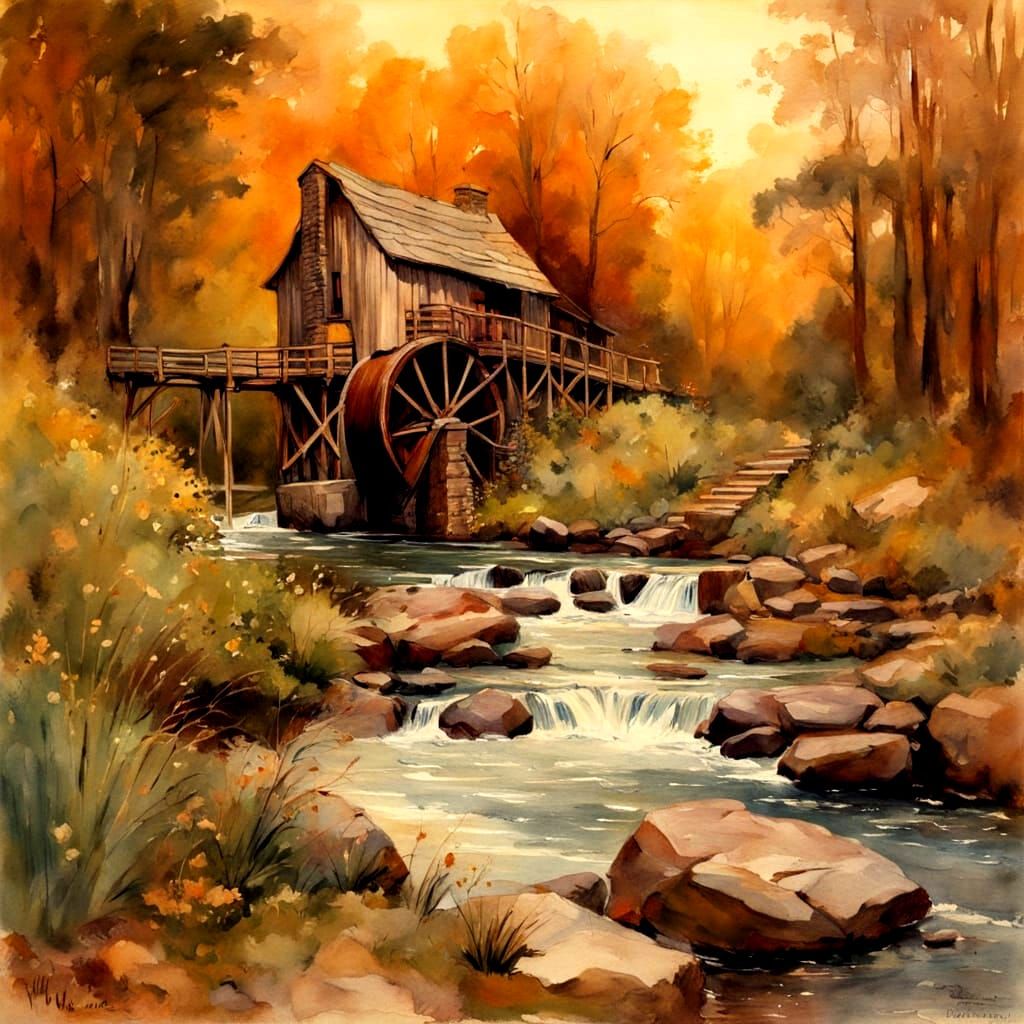 Grist Mill at Sundown with Waterwheel