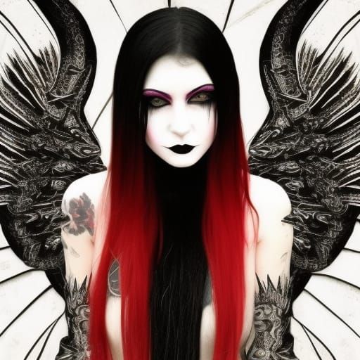 Ethereal Gothic Aries Young lady with Long black hair with Red highlights& Green eyes& Red &black eyeshadow & Black lips...