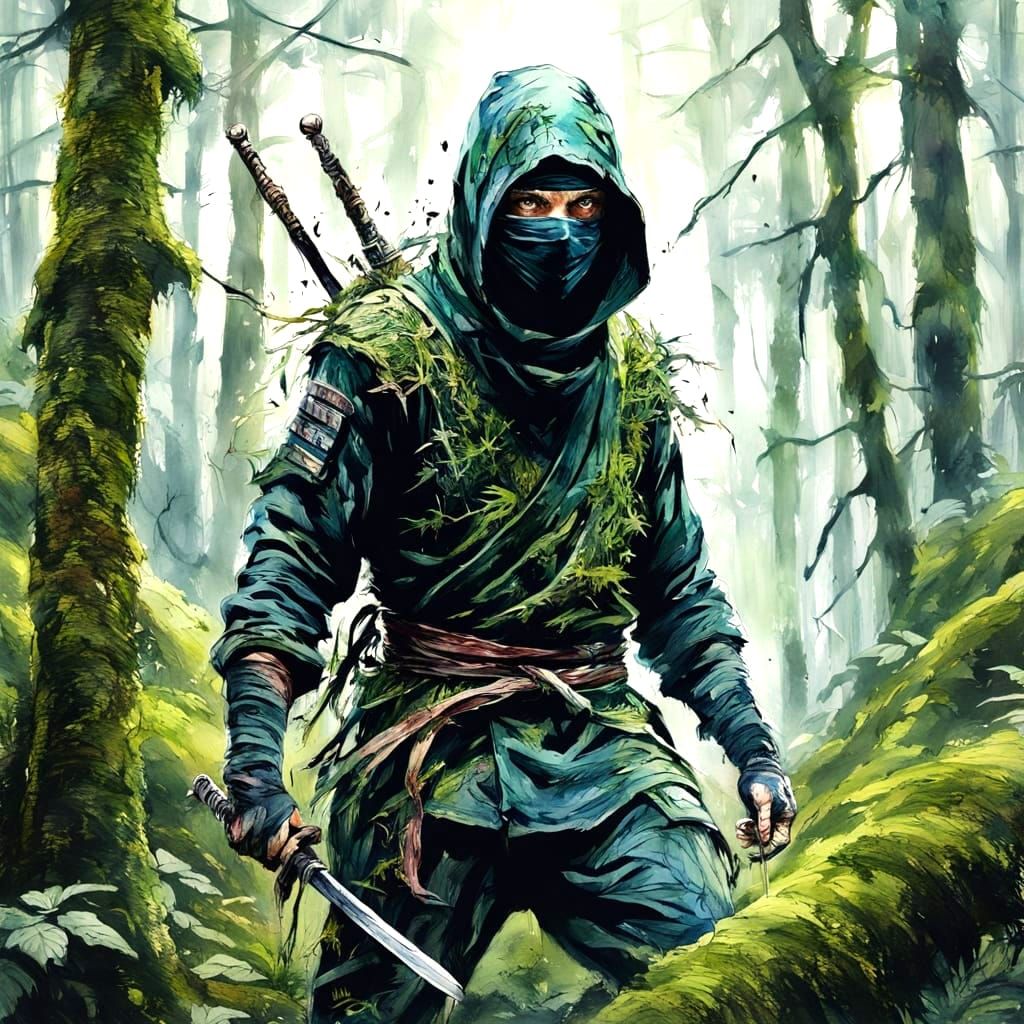 Lone Ninja in Mossy Forest, Surreal Hyperrealism