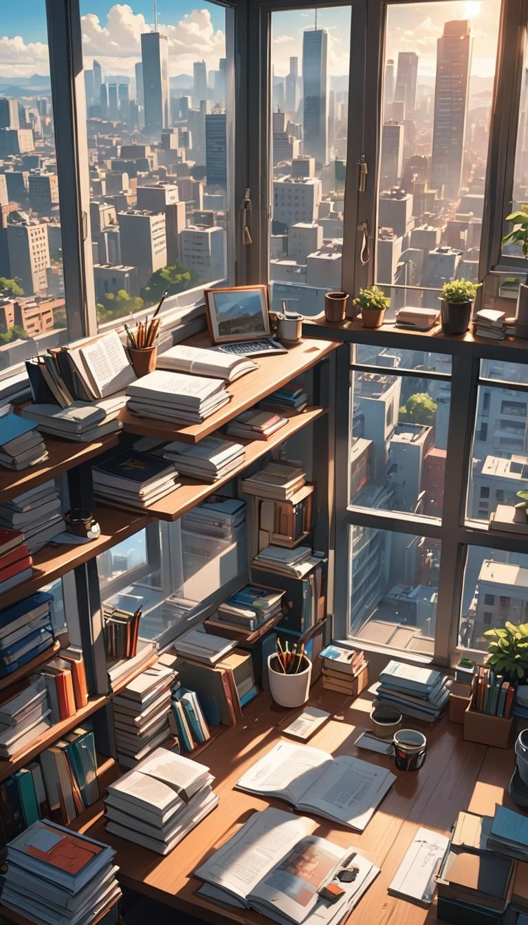 Study Desk with City View: Cel-Shaded Manga Art