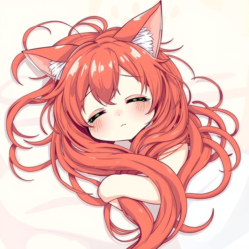 Surreal Dreamscape of a Kawaii Feline Girl in Soft Pastel Hu...