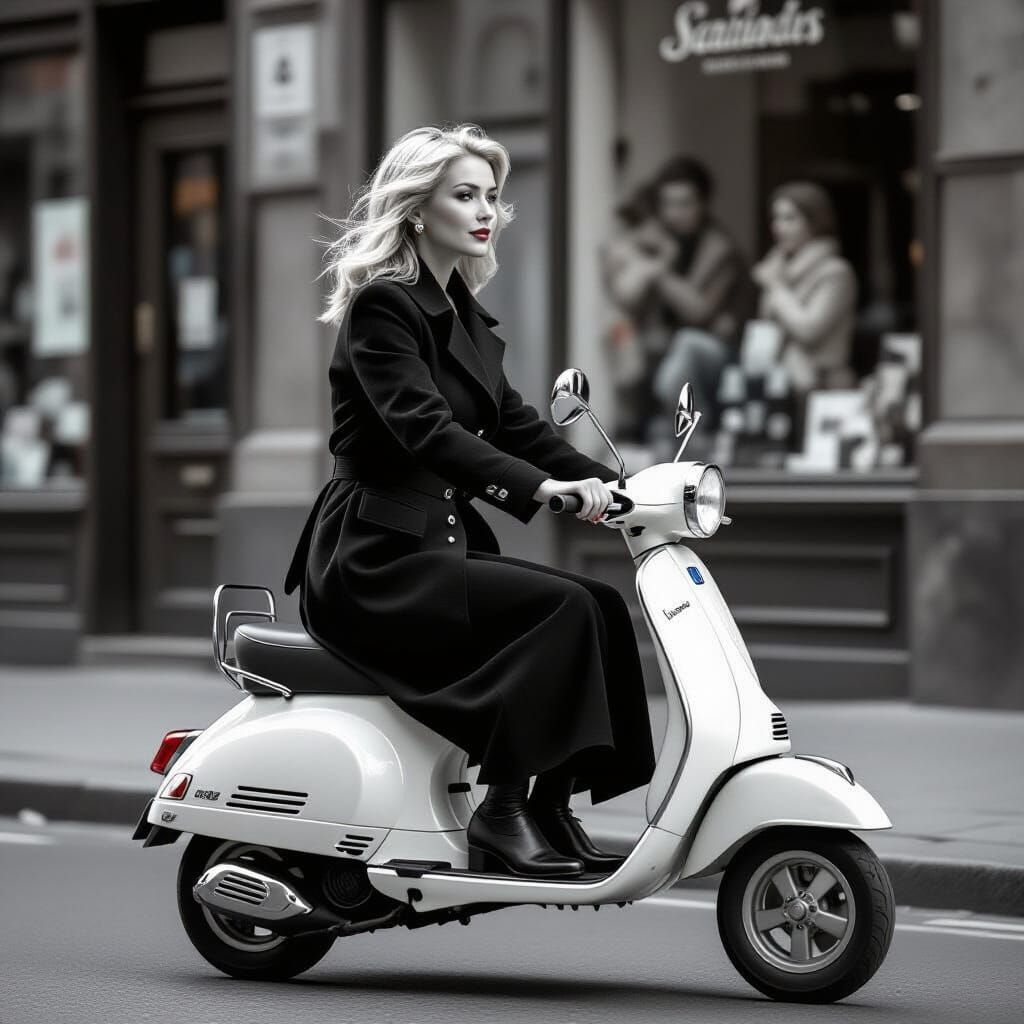 Vintage Woman Rides Retro Micro Scooter in Monochrome Photo