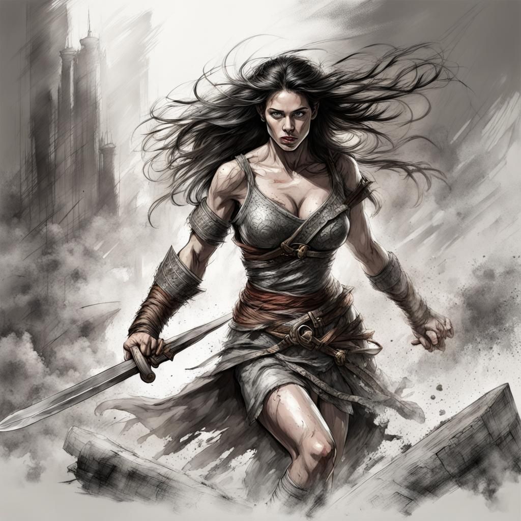 Barbarian Woman's Escape: Sketch of Dark Romance Fantasy