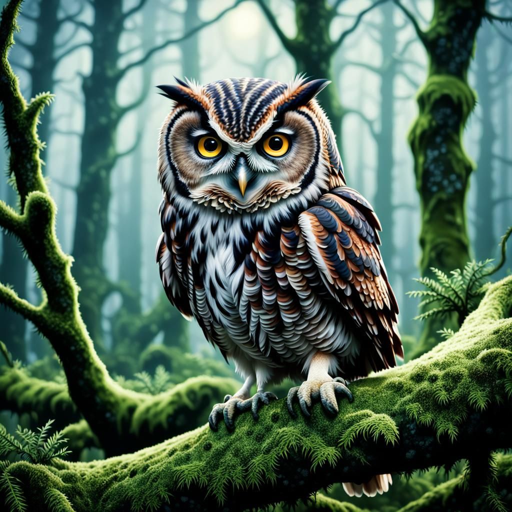 Hyper-Realistic Owl Portrait in Misty Forest