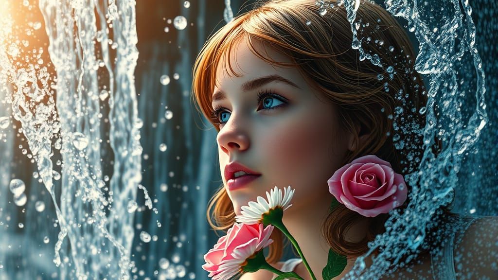 Hyperrealistic Rose Daisy Girl in Waterfall Scene