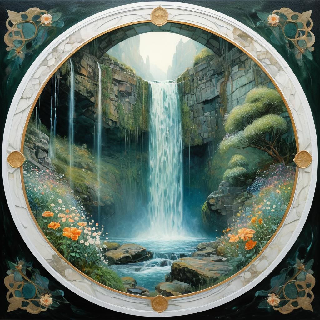 Art Nouveau Waterfall with Floral Circle