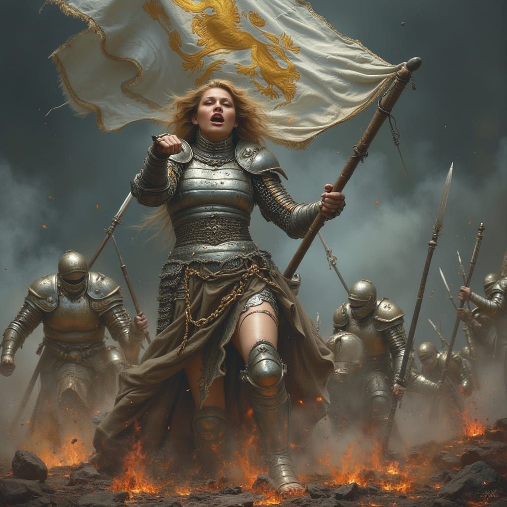 Warrior Princess Grabs Falling Standard on Battlefield