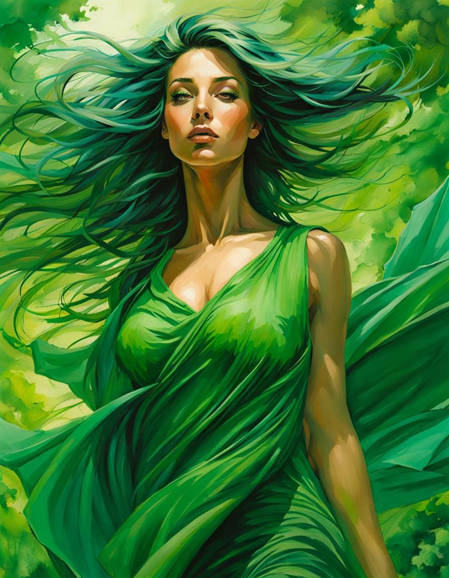 Green Portrait of Windblown Woman: Splash Art Style