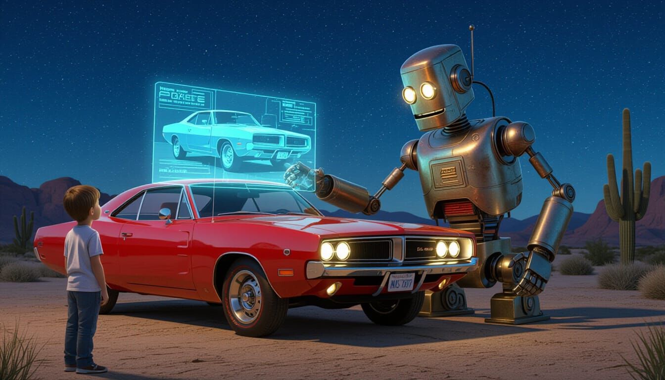Wise Robot Shows Child Holographic Muscle Car