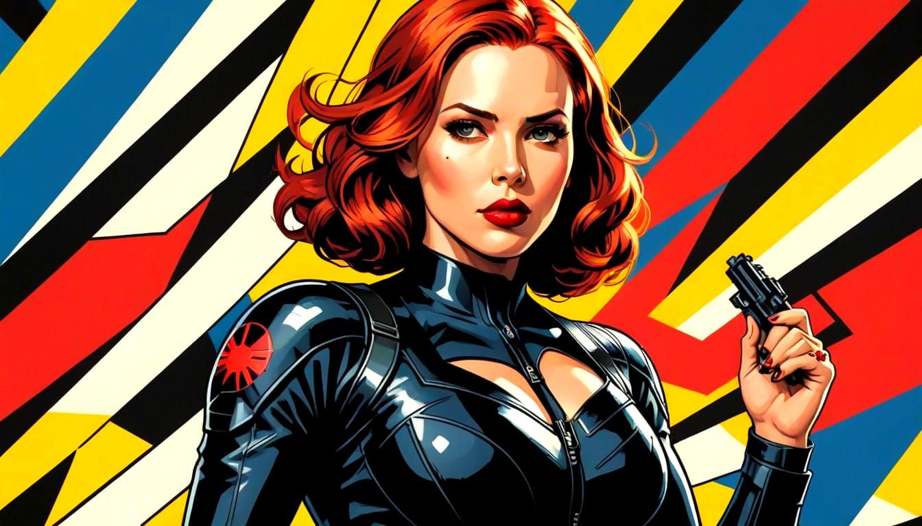 Pop Art Black Widow Heroine in Primary Colors