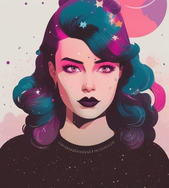 Girl with Purple Hair and Starry Sky, Digital Illustration