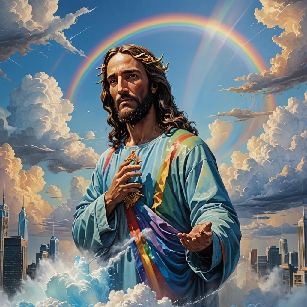Hyperrealistic Image of Jesus in a Colorful Skyline