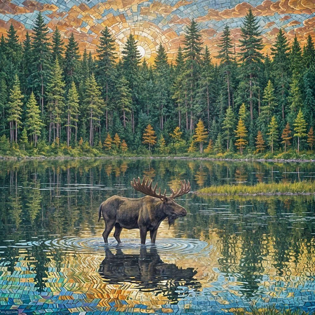 Paper Mosaic of a Bull Moose in Wilderness