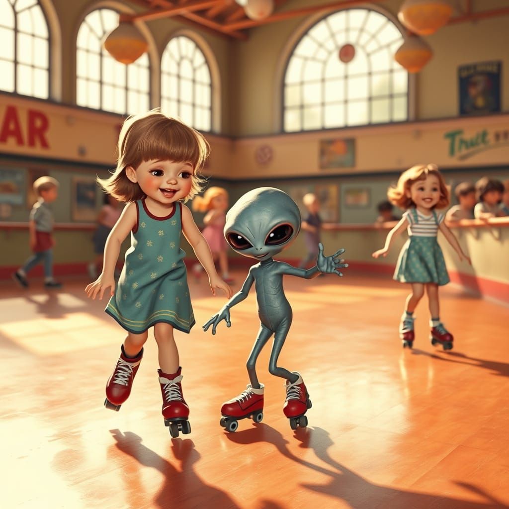 Retro Roller Rink Scene with Alien Mishap