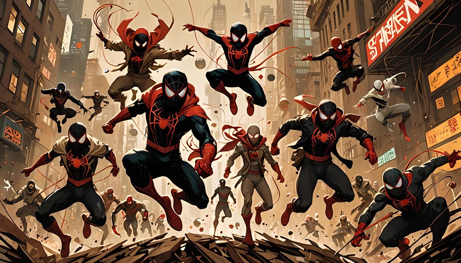 Spider-Verse Team Leaping into Battle: Sepia Art