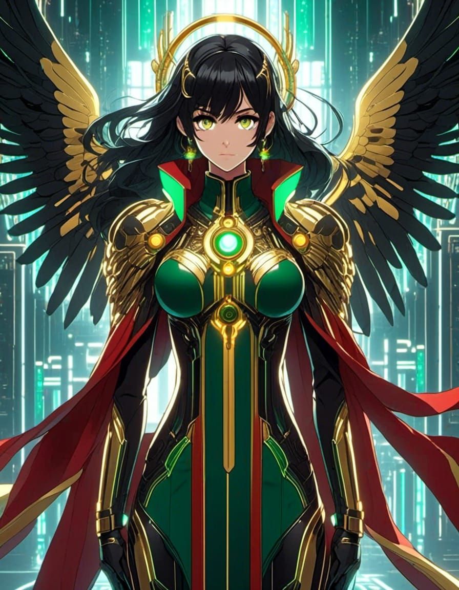 Symmetrical Anime Goddess, flowing black hair, golden eyes, black angel wings, green & red with yellow accented robe sty...