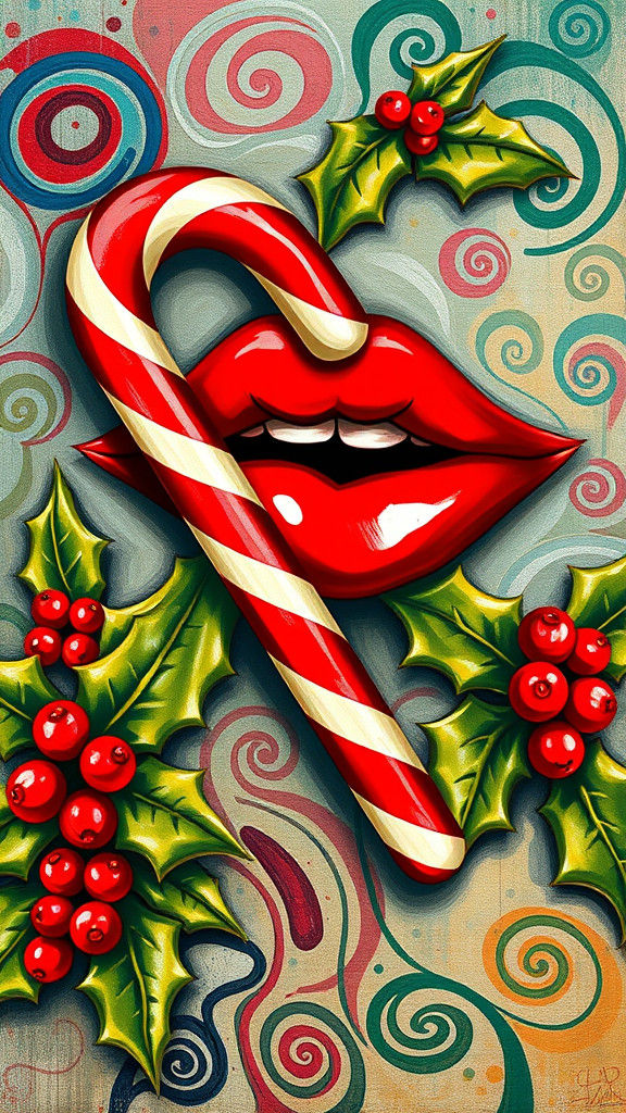 Festive Pop Art Lips with Candy Cane Illustration