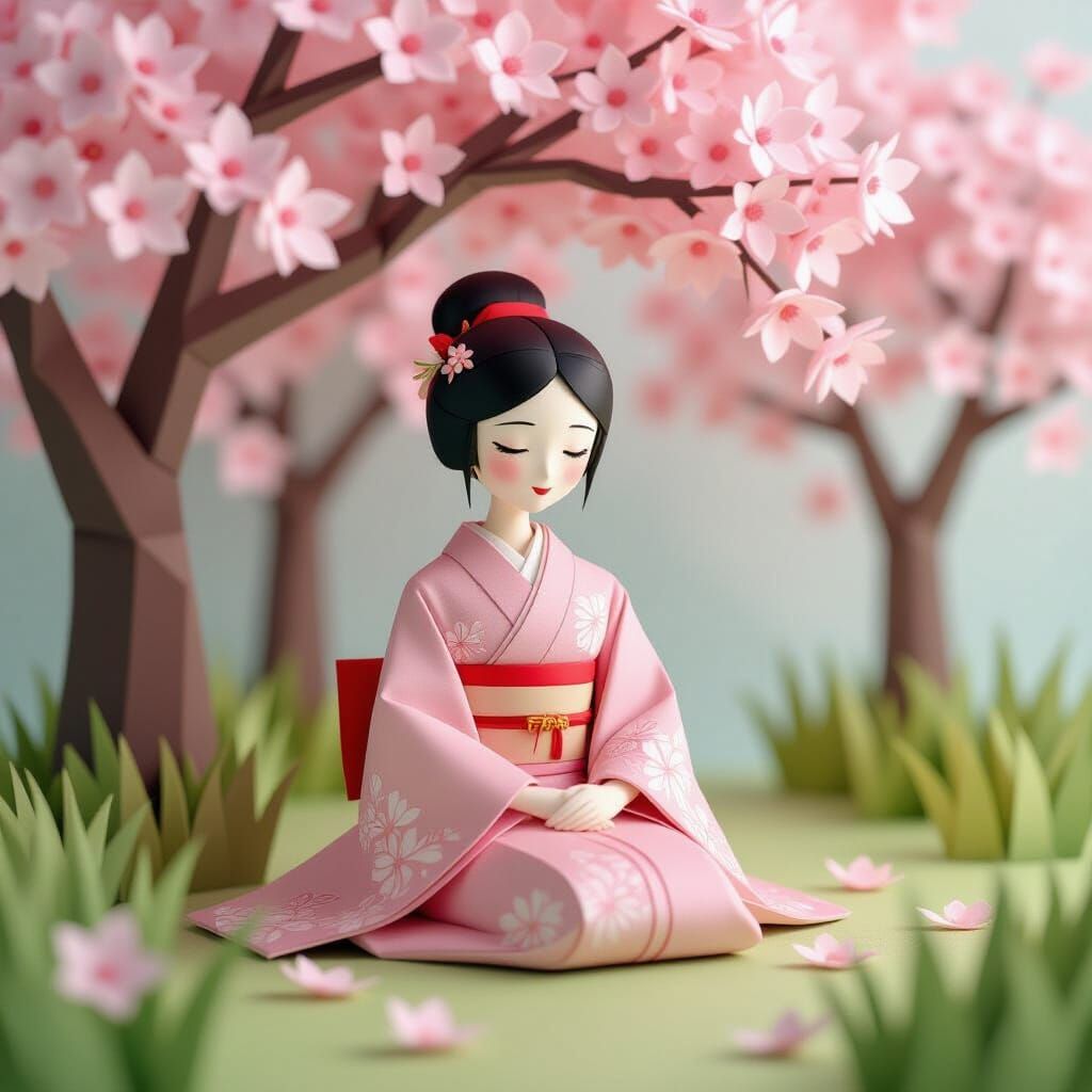 Origami Girl Under Cherry Blossoms in Pastel Tones