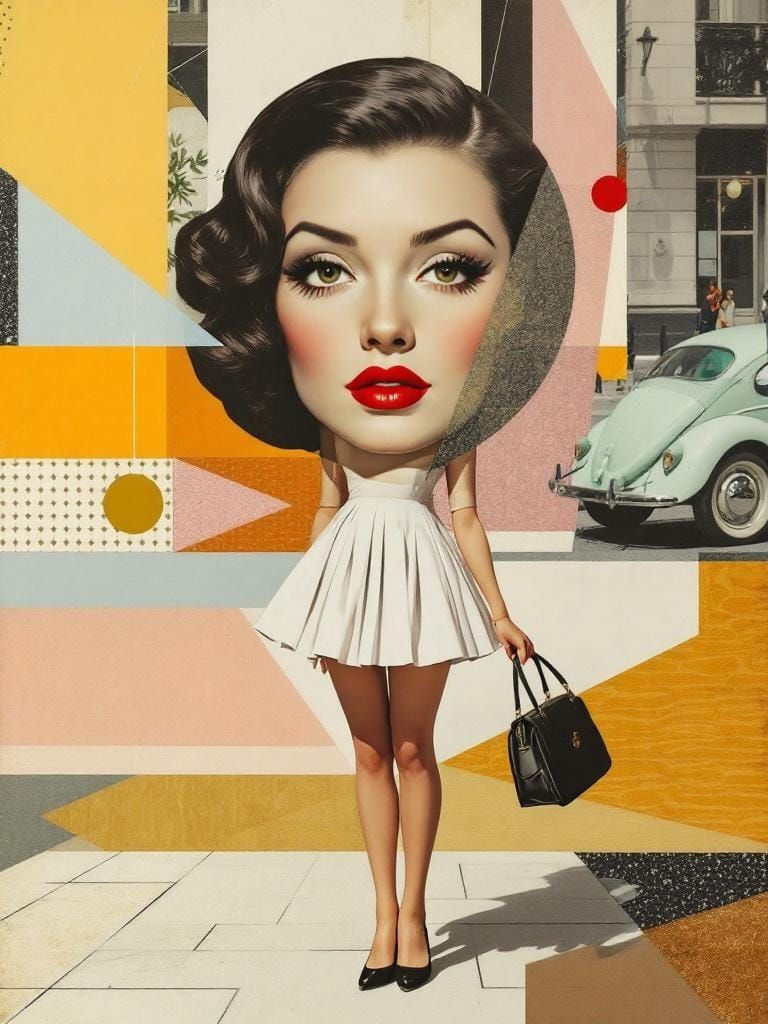 Surreal Pin-Up Collage in Magritte-Anderson Style