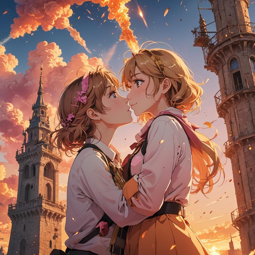 Anime Girls Kissing with Explosive Sky Backdrop