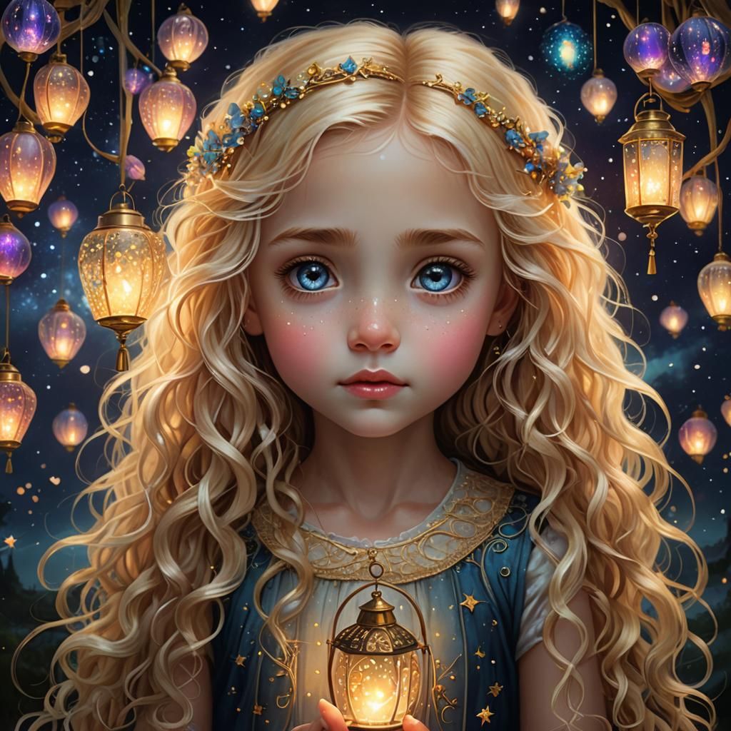 Fragile Girl with Tears in a Cosmic Night Sky