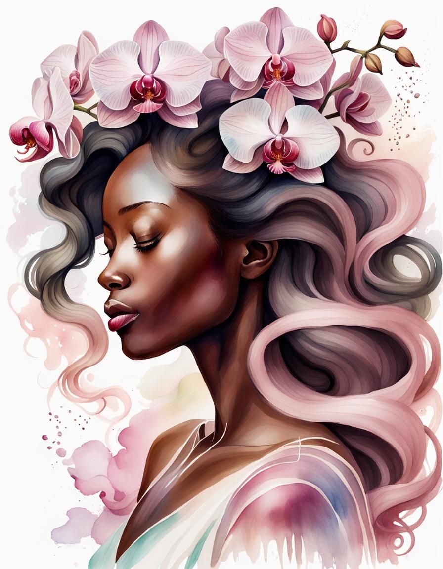 Watercolor Profile with Orchids in Flowing Hair