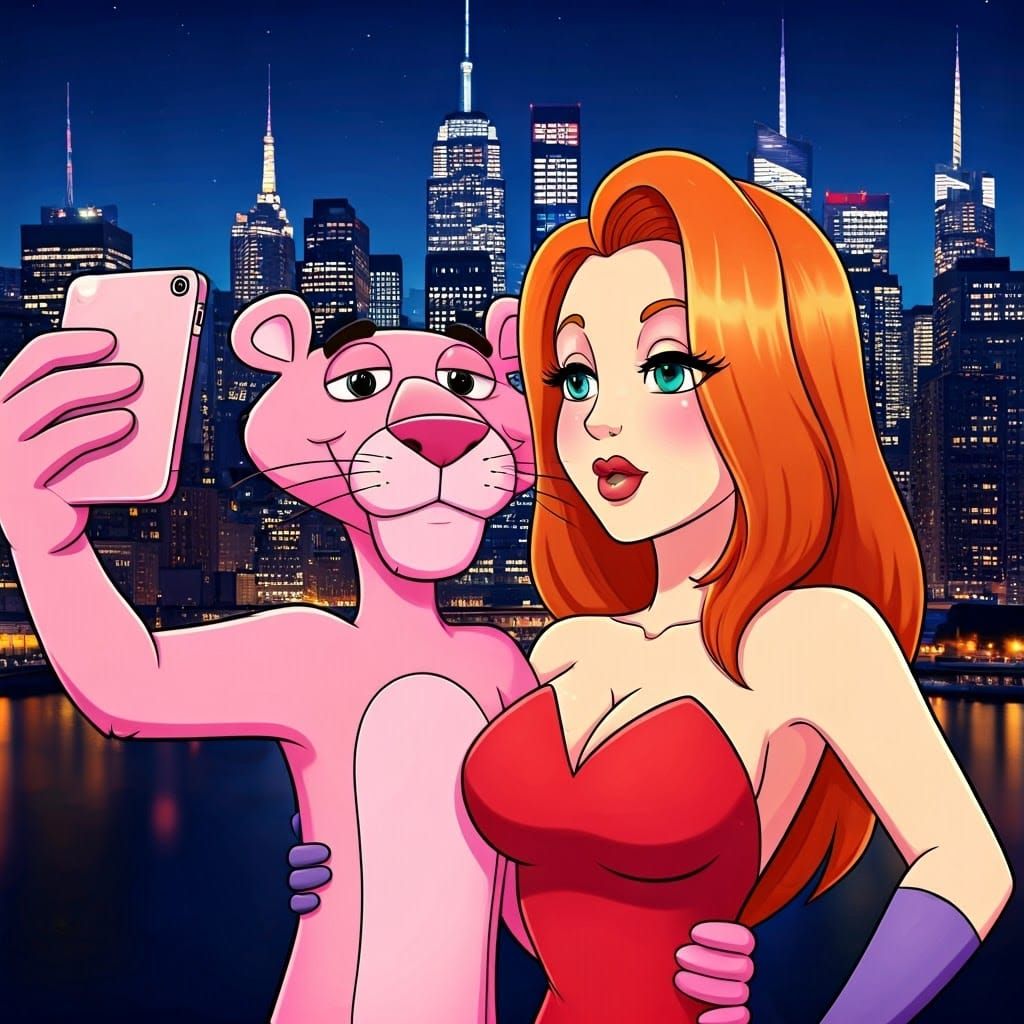 Anime Pink Panther Smirks with Jessica Rabbit in NYC