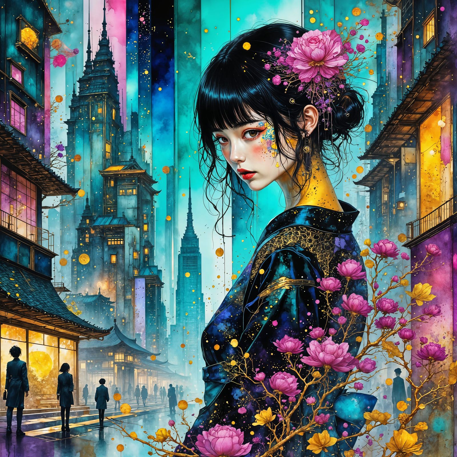 Cyberpunk Geisha Dances in Neon Alley