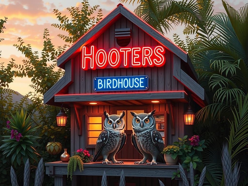 a hooters Birdhouse bar with " Hooters " in neon light sign. two owls perched out front.