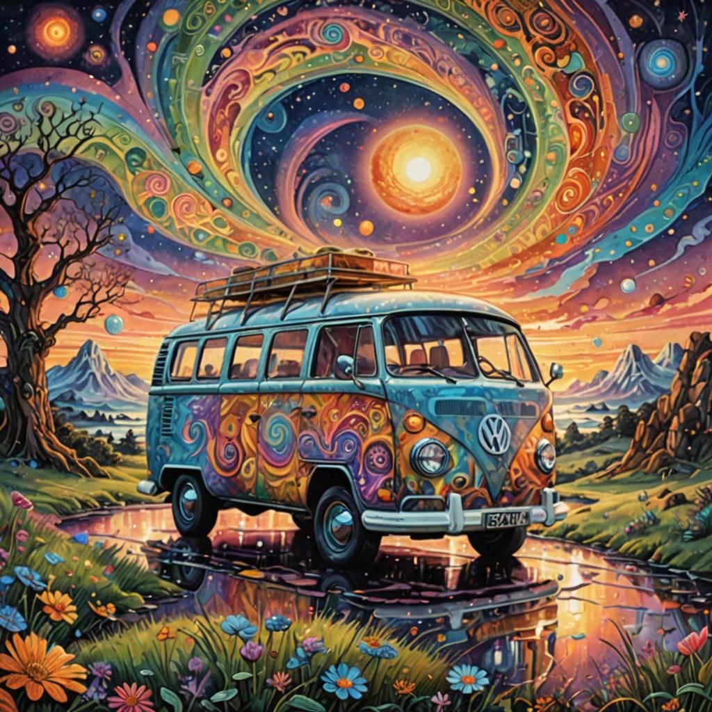 Psychedelic VW Van in Cosmic Space Watercolour