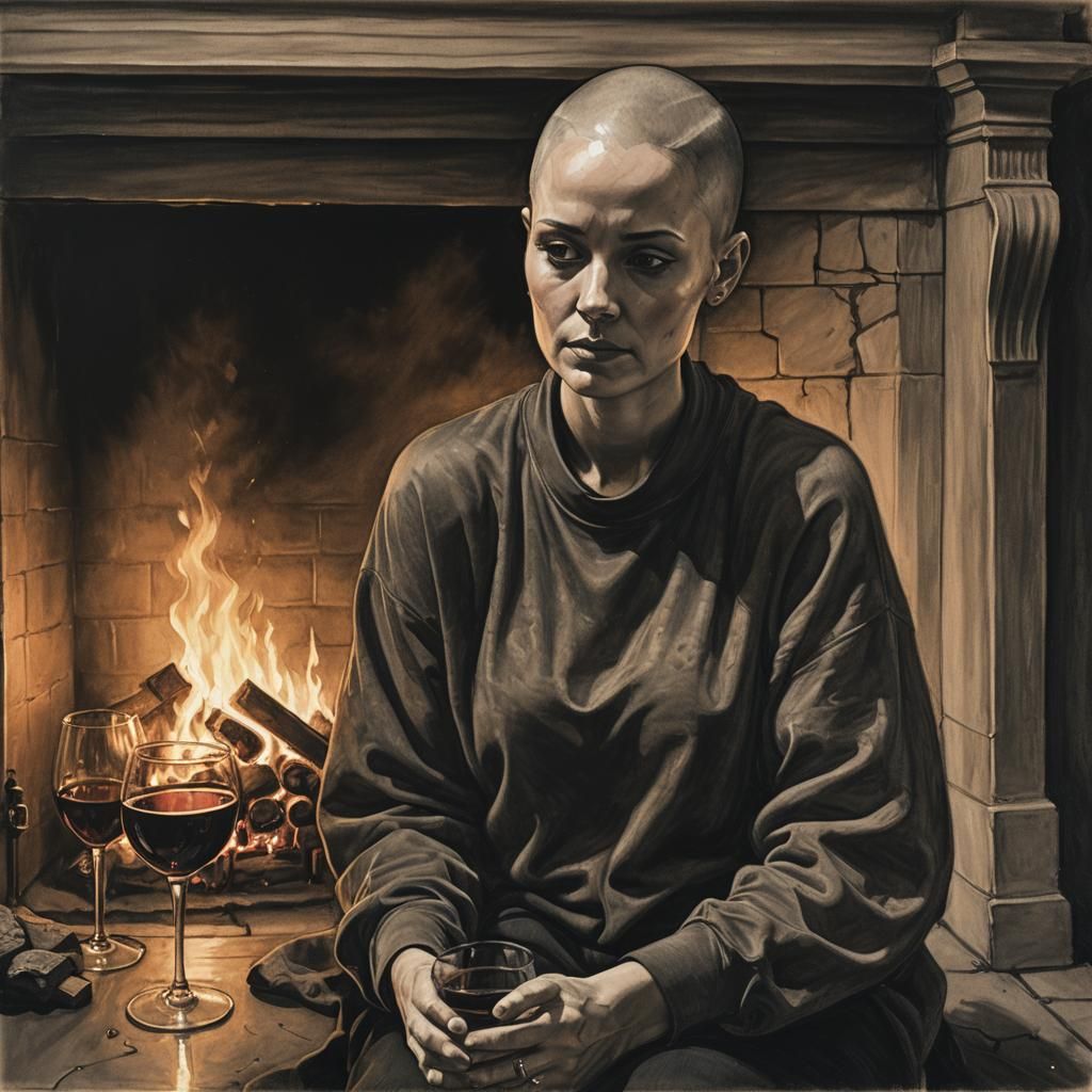 Charcoal Drawing of Woman by Fireplace