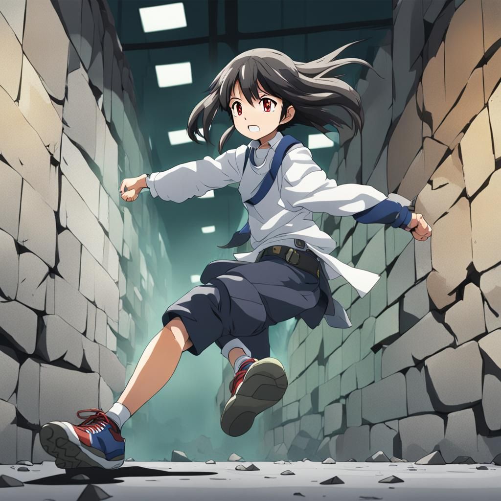 Anime Woman Kicks Through Concrete Wall