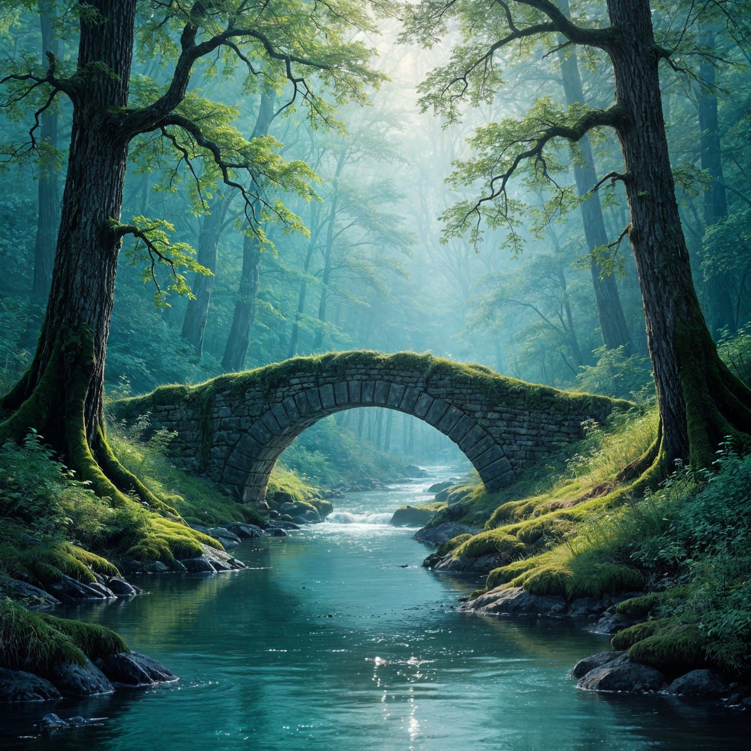 Tranquil Forest Clearing with Ancient Stone Bridge and River